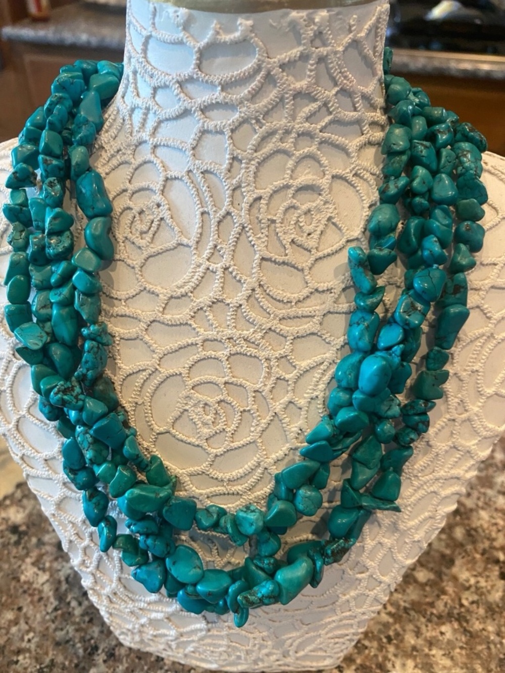 9.25 STERLING SILVER WITH TURQUOISE NUGGETS TRIPLE STRAND NECKLACE - REDUCED